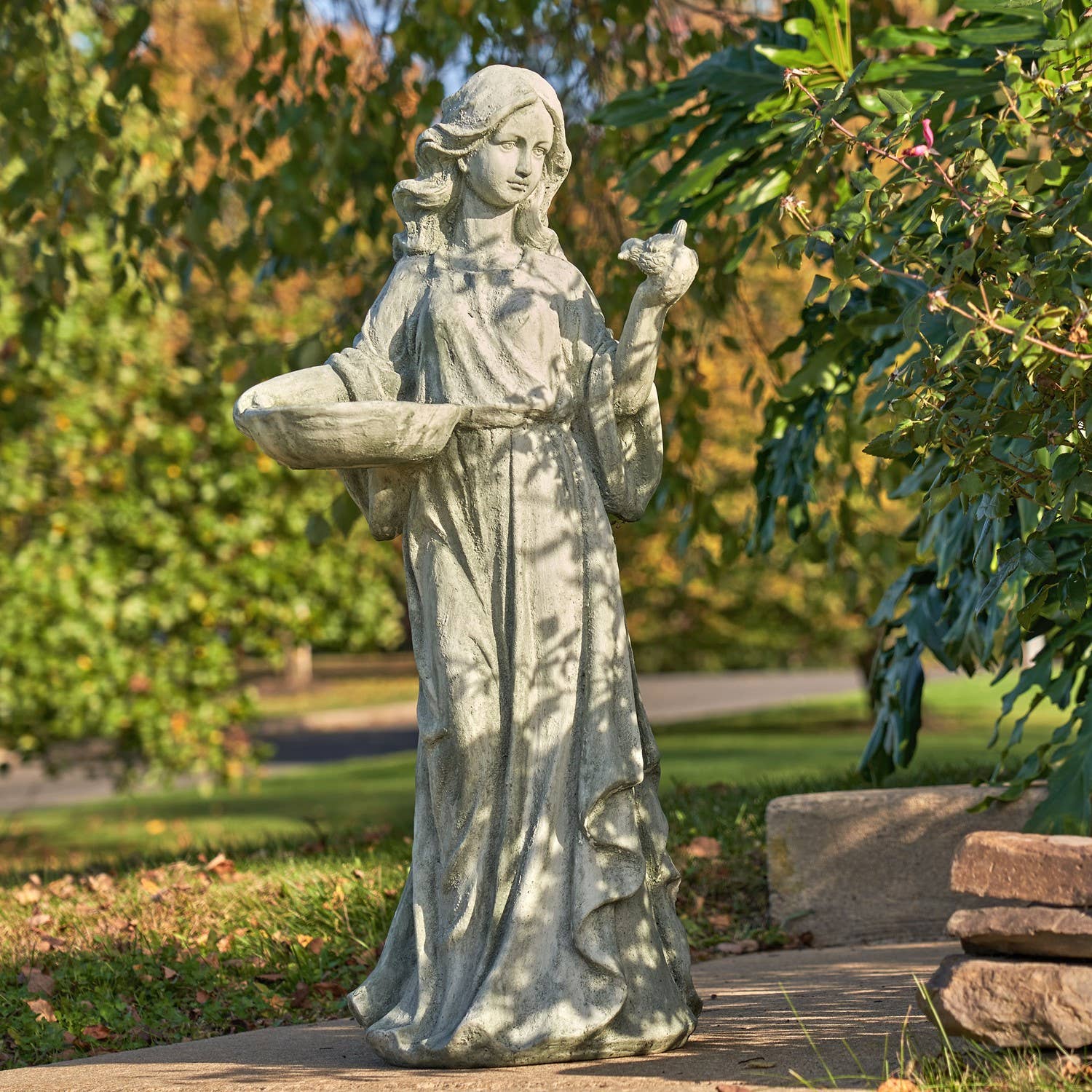 Zaer Ltd. International - Wholesale Outdoor Ornament/Decor - 38" Tall Standing Girl w/Bird "Holly" Magnesium- 2 Colors9