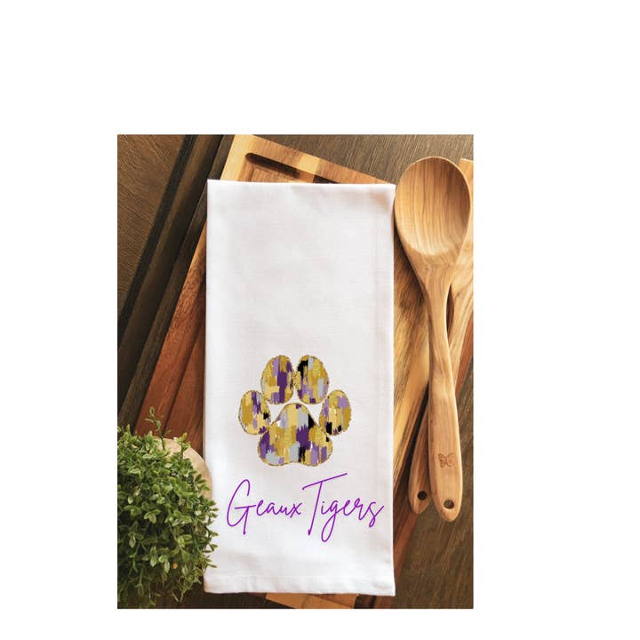 Geaux Tigers Watercolor Tiger Paw Gameday Tea Towel for wholesale by Rouge 225
