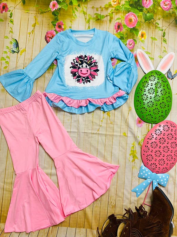 luluclothes - Wholesale Top & Pant Set - Kids - DLH0913-15 Kids blue & pink cow sunflower printed girls set