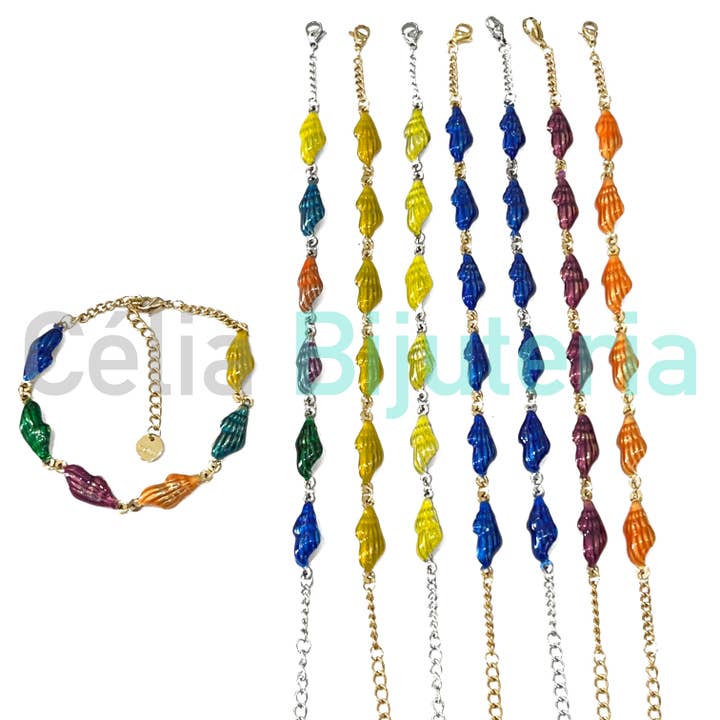 Edelstahl-Fußkettchen - bunte Muscheln für den Großhandel von Celli Biju