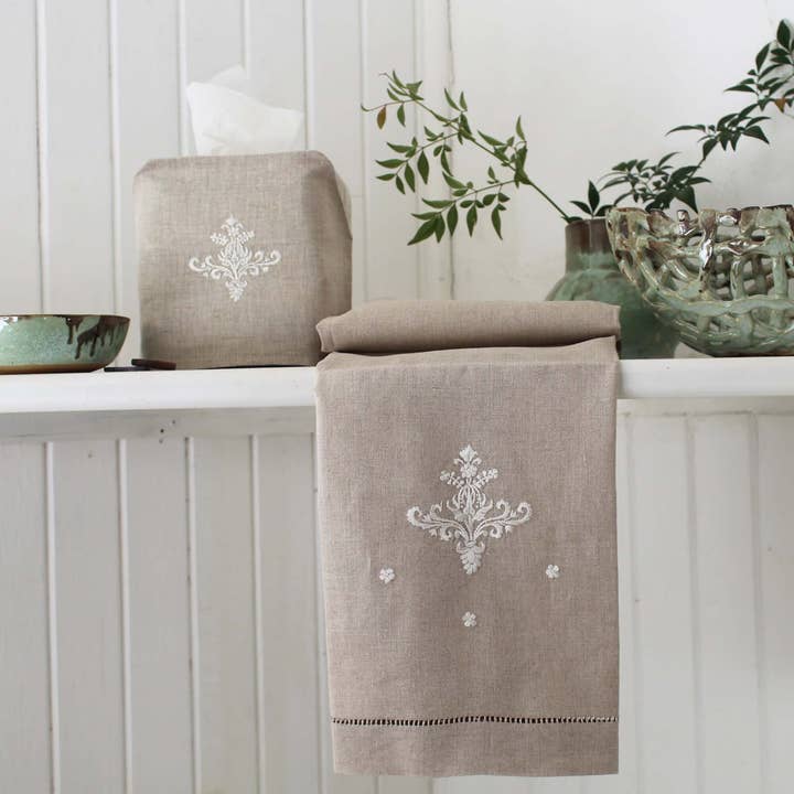 Hand Embroidered Linen Guest Towel - Ornament on Natural for wholesale by Gordonsbury