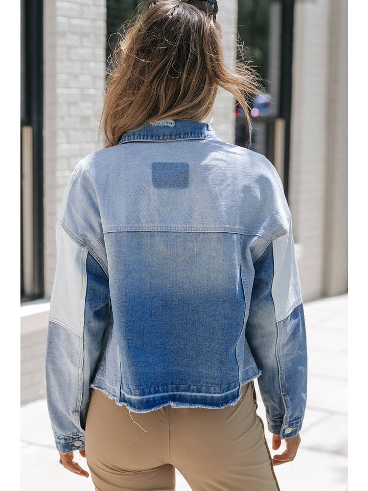 Sky Blue Color Block Denim Patchwork Frayed Hem Jacket for wholesale on Faire