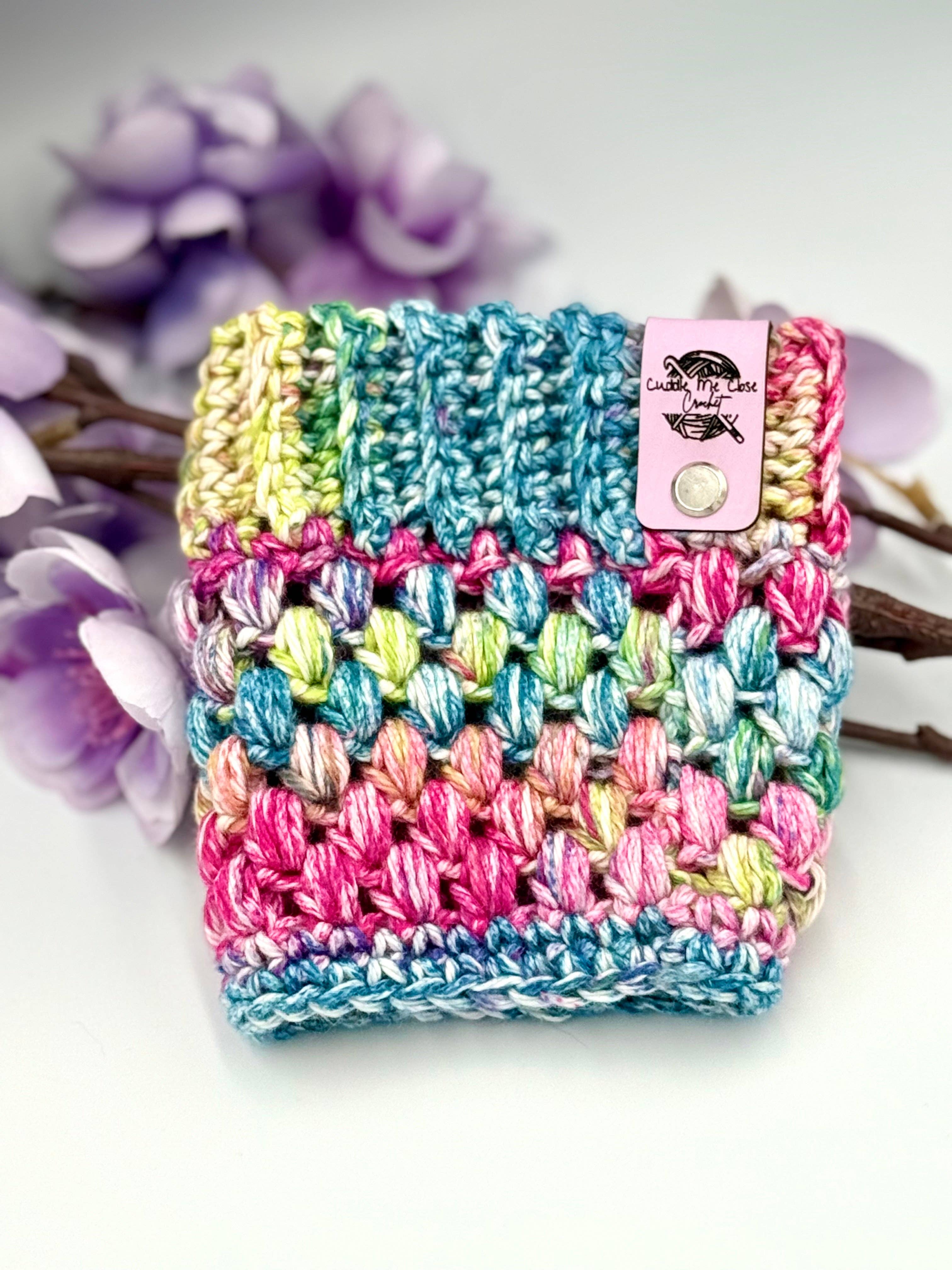 Cuddle Me Close Crochet - Wholesale Drink Huggers & Koozies - Pink, Green, and Purple Cup Cozy1