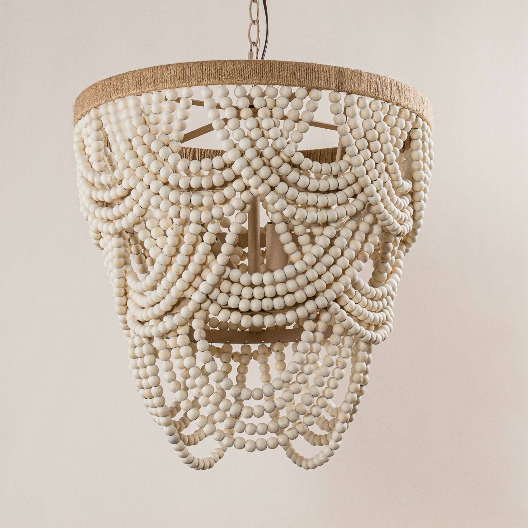 Off White Lusteria 20" Wood Bead 4-Light Tiered Coastal Chandelier for wholesale on Faire6