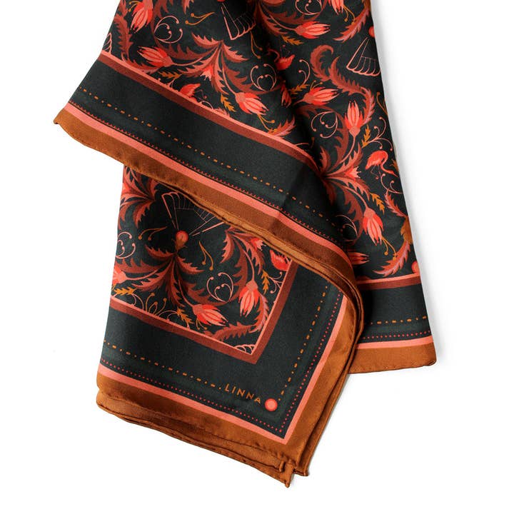 LINNA - Wholesale Scarf - Women's - 100% Silk Twill Scarf | Medium | Bright Mahogany Filigree1