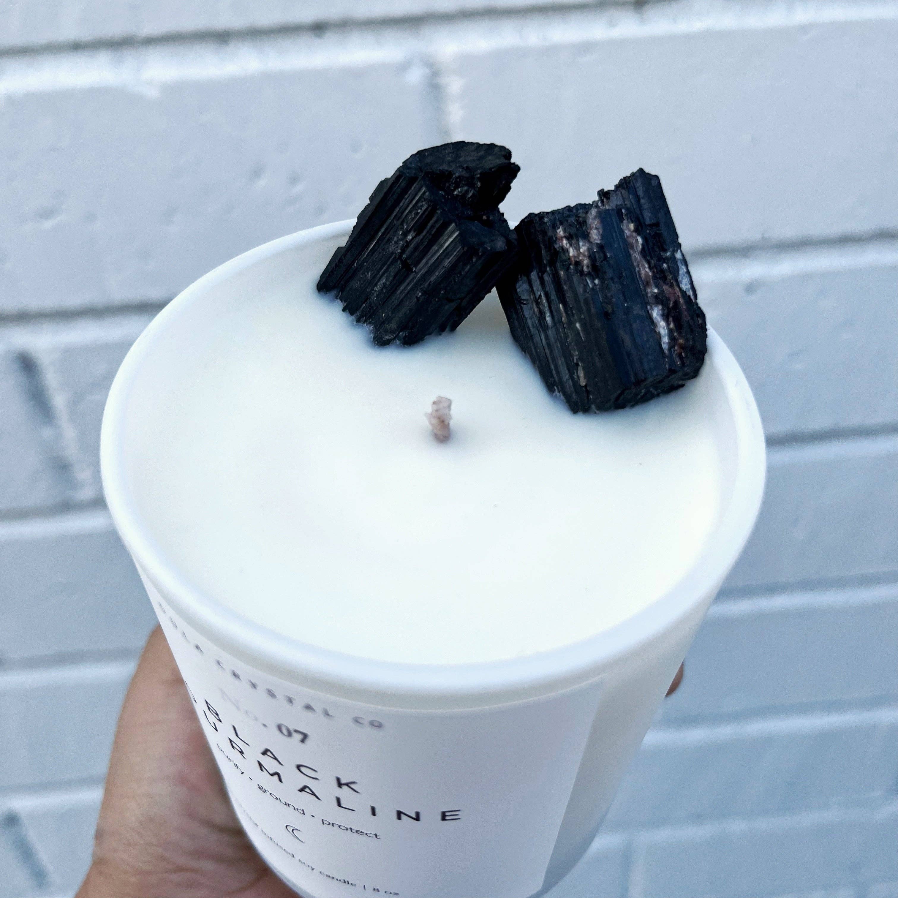 OULA CRYSTAL CO – Vela em jarro/copo por atacado – Vela Turmalina Preta · Infundido Cristal · 8oz · Atacado1