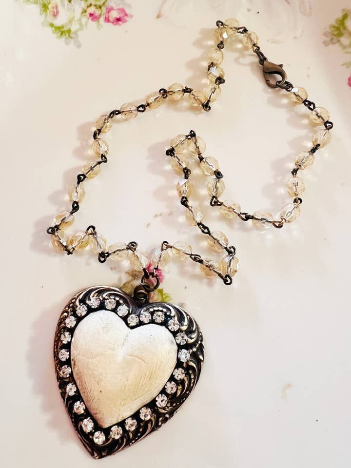 Brass Patina Whitewash Clay Heart Filigree Necklace for wholesale by Vintage Bliss