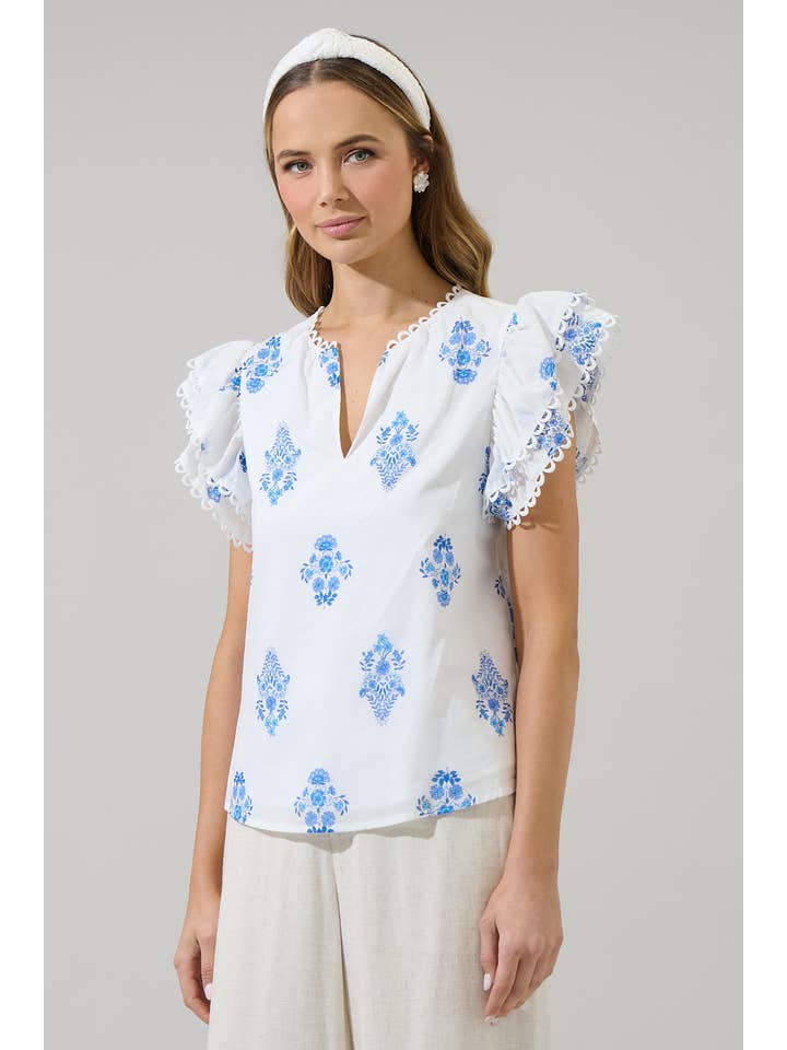 WHT BLUES Yila Floral Ema Ruffle Top for wholesale on Faire