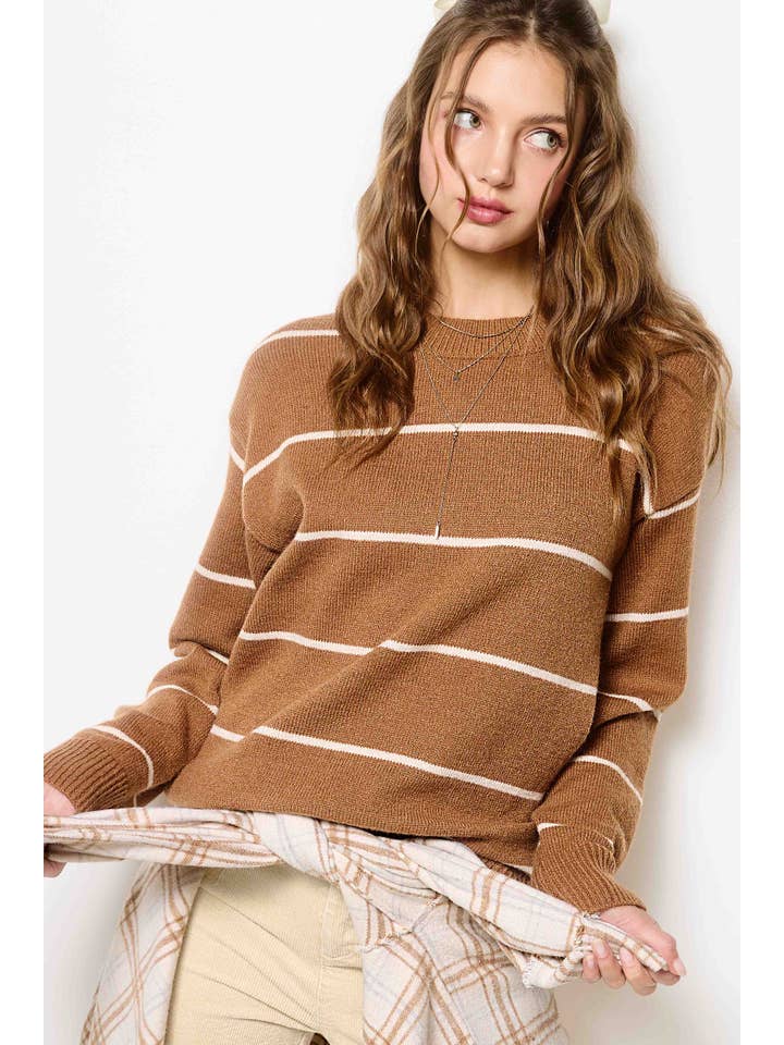 La Miel - Wholesale Knit Sweater - Women's - HCS3553-Loose Fit Stripe Long Sleeve Crewneck Sweater10