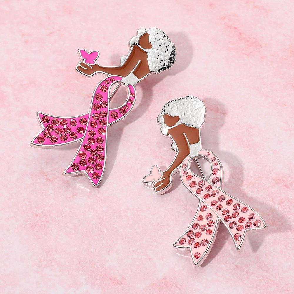 Sensibling Corp. - Wholesale Brooch - Stone Paved Pink Ribbon Enamel Afro Woman Pin Brooch0