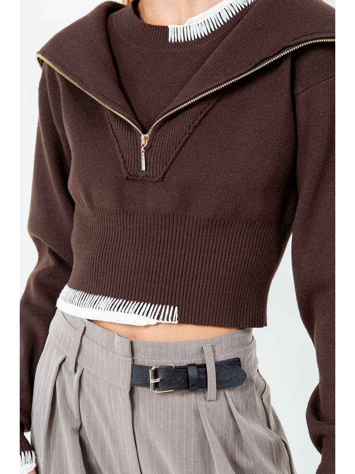 DOUBLE LAYER ZIP UP SWEATER W CROCHET THREADING - DK BROWN for wholesale on Faire