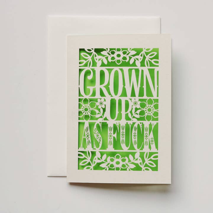 Carte Grown Up as Fuck A6 découpée au laser pour la vente par pogofandango