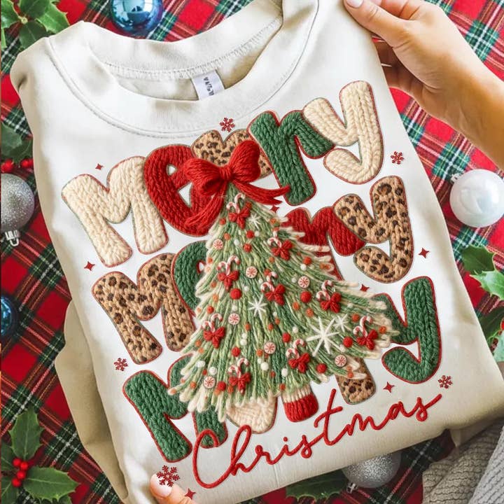 DLT Ecommerce - Wholesale T-shirt (graphic) – women's - Leopard Merry Christmas Latch Hook Yarn Faux Crochet Shirt2