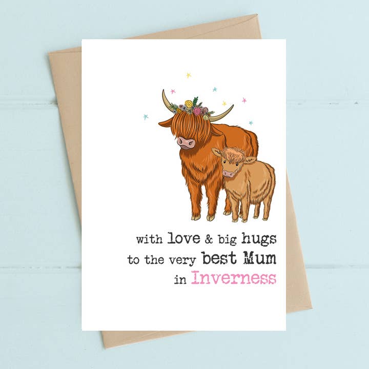 Personalizzato - Miglior Mamma a X - Mucca delle Highland - Biglietto di Auguri per la vendita all'ingrosso da parte di Dandelion Stationery
