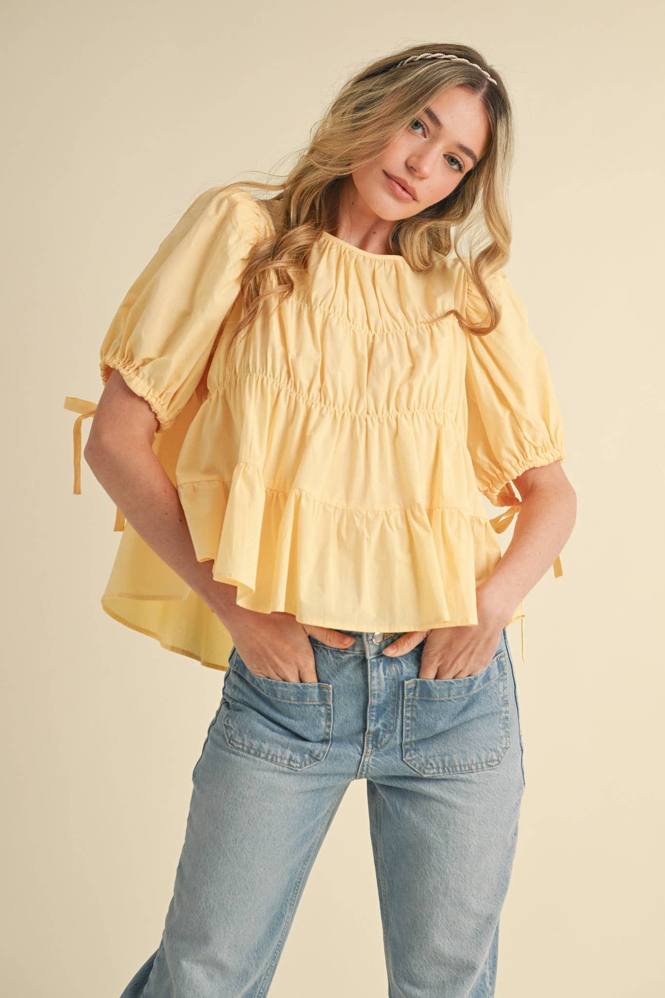&MERCI - Wholesale Blouse - Women's - TIERED SHIRRING PUFF SLEEVE TOP MTP308125