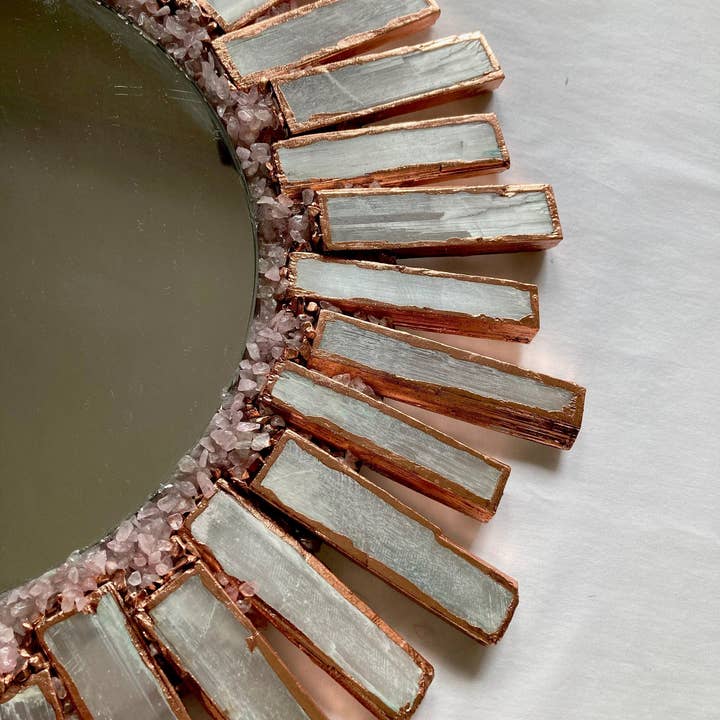The Tangerine Store - Wholesale Wall Mirror - Starburst - Handmade 20" Round Rose Gold Plated Selenite Mirror with Rose Quartz Agate Crystal Gemstones2