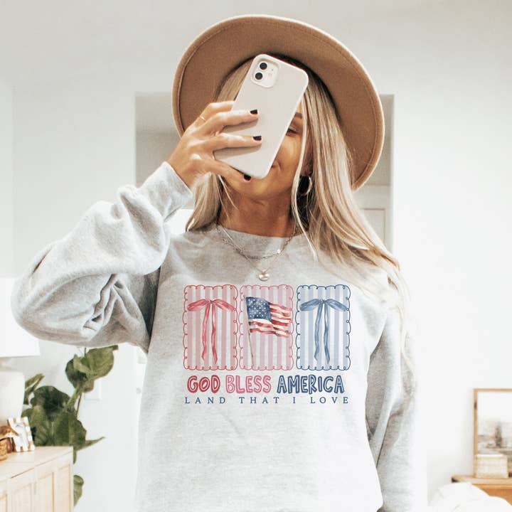 God Bless America Stamps Crew Neck Sweatshirt for wholesale by Amy Anne Apparel Inc