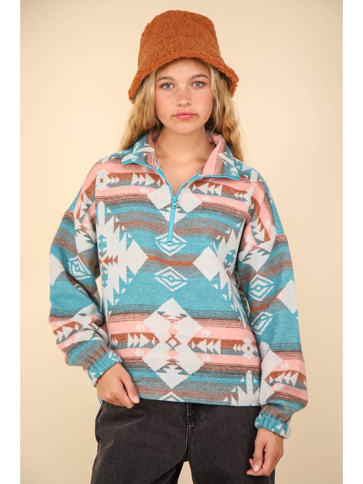 VERY J - Wholesale Sweatshirt - Women's - NT11854X-PLUS SIZE Aztec Printed Henley Woven Pullover Top