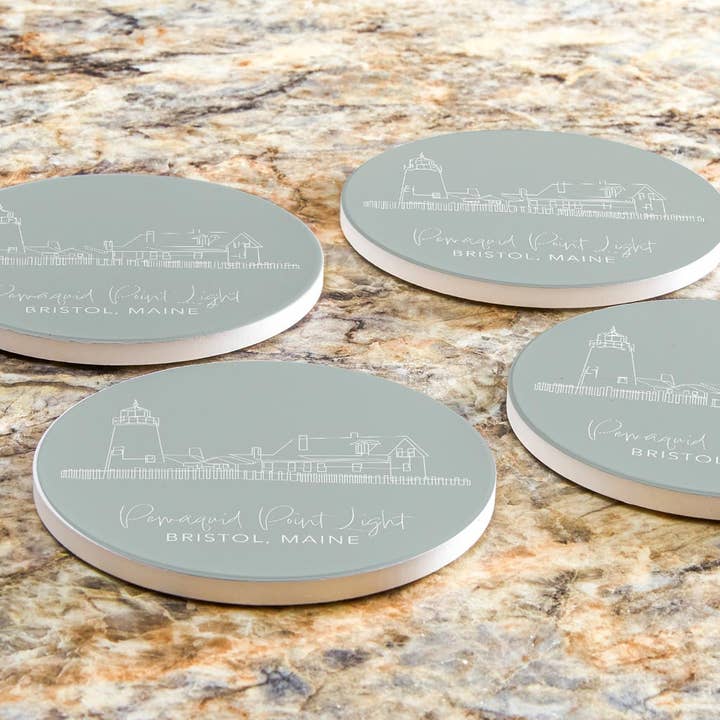 Love Local - Wholesale Coasters - Pemaquid Point Light Muted Coastal | Absorbent Coasters | Set of 4 | Min 26