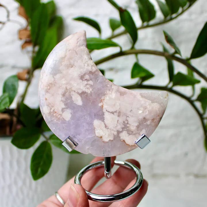 Pink Amethyst Flower Agate Moon Carvings for wholesale by EC Plugs and Gems