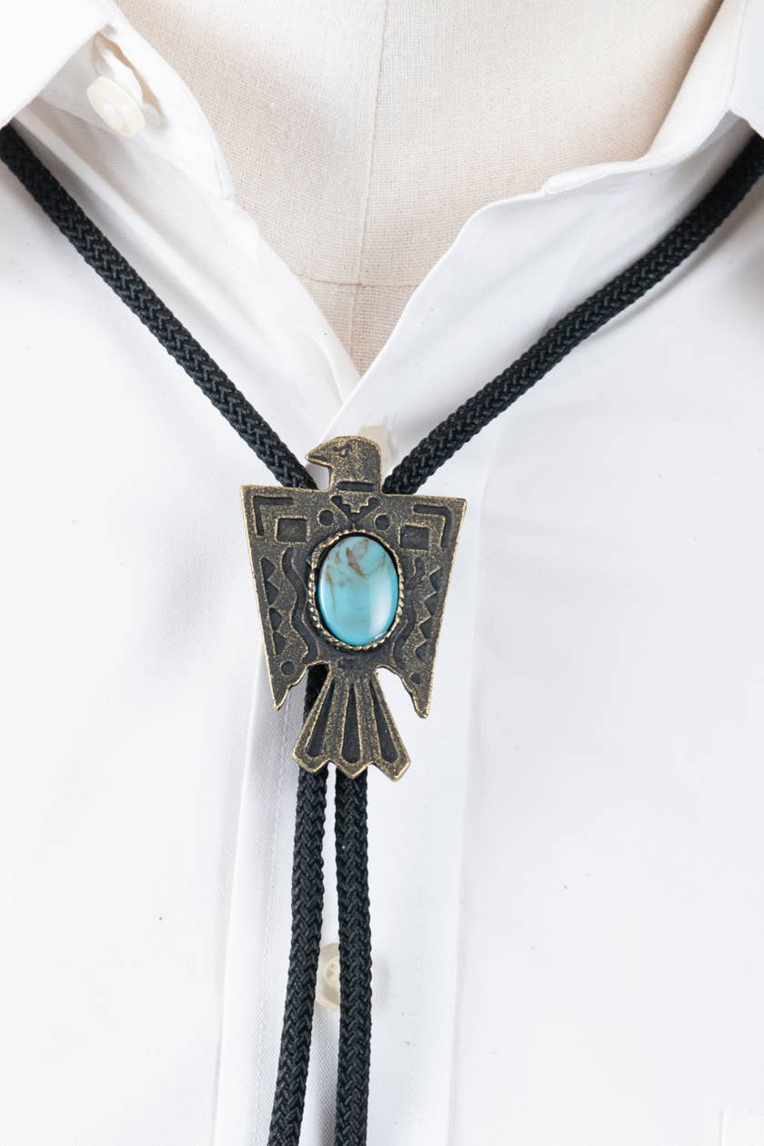 HHH Designs - Wholesale Pendant/Charm Necklace - Bolo Tie Thunderbird with Black cord, Turq stone