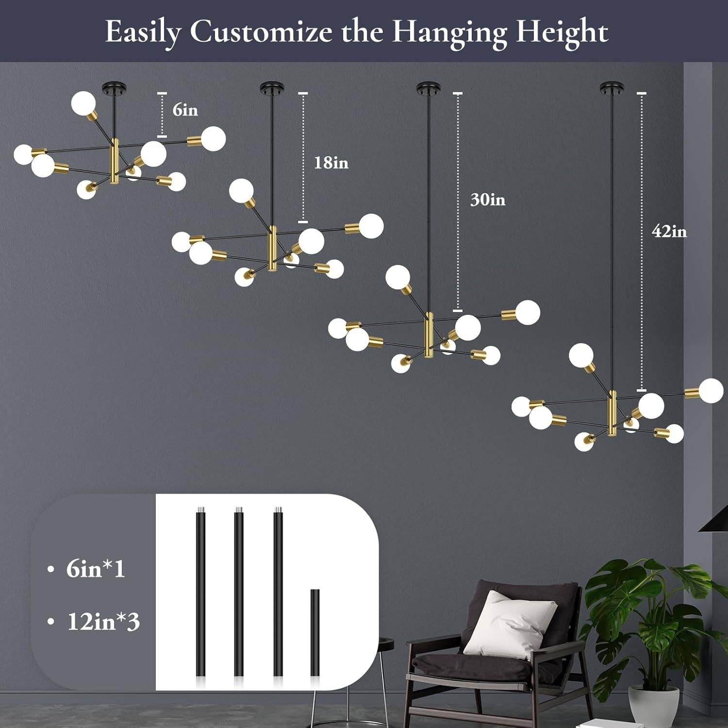 Eight Light Modern Sputnik Chandelier Black And Gold for wholesale on Faire2