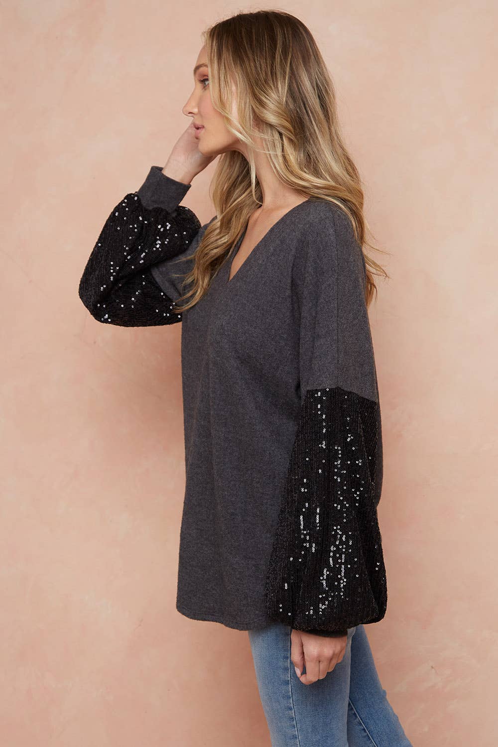 lovely melody – Túnica - Mulher por atacado – TÚNICA DE MANGA BALÃO DE LANTEJOULAS COM DECOTE LMT2869-V11