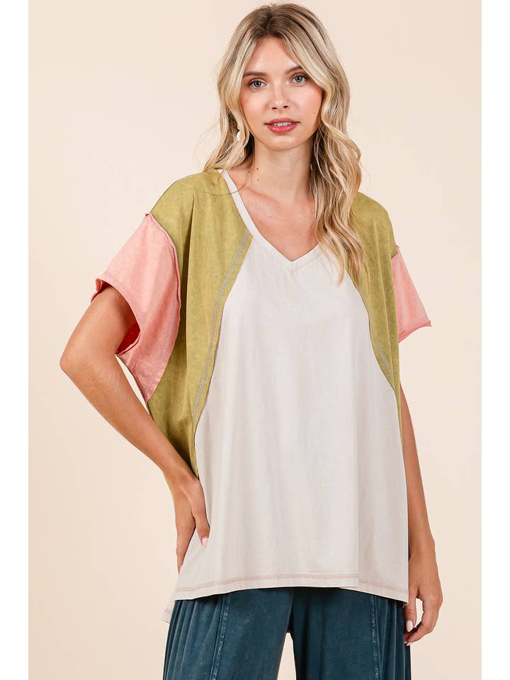 mittoshop - Wholesale Tunic - Women's - OVERSIZED COLOR BLOCK SHORT SLEEVE KNIT TOP