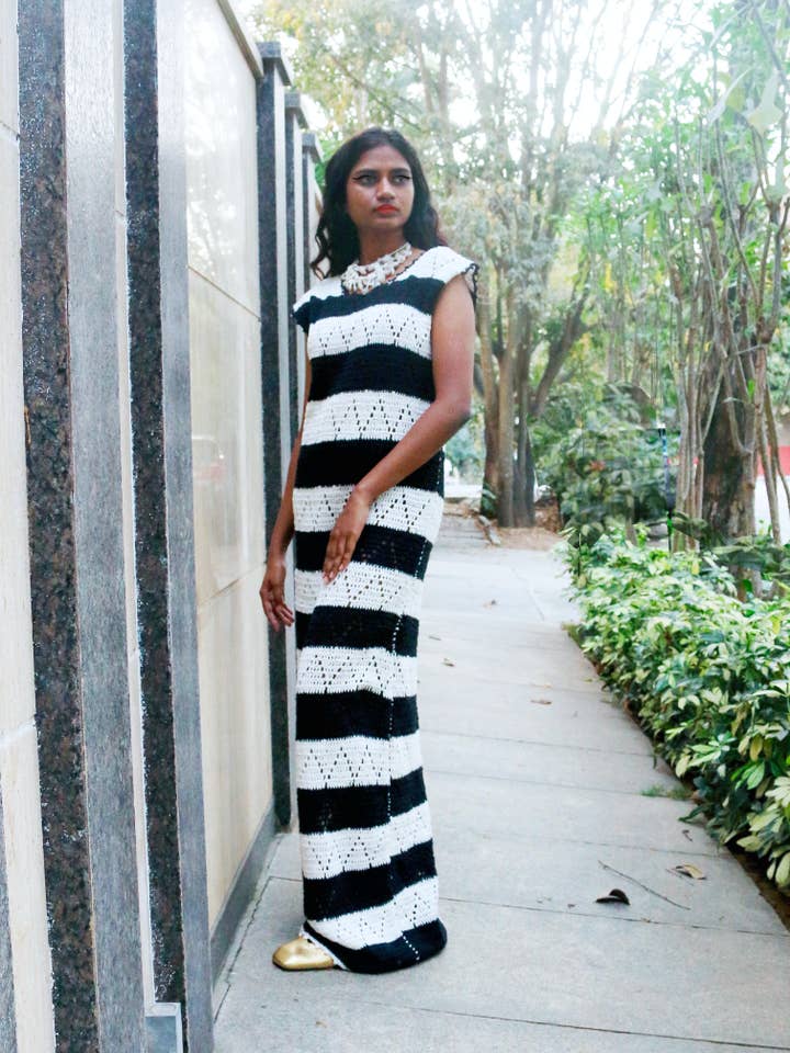 Black and White Stripe Long Crotchet Dress for wholesale by Chogaa NYC
