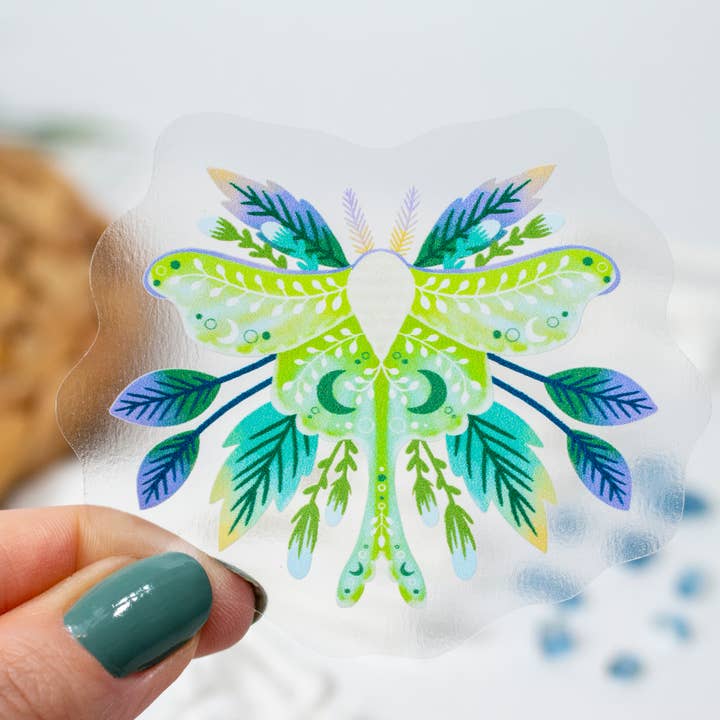 Autocollant transparent Luna Moth 3 x 2,5 pouces pour la vente par Paper Pattern Silk