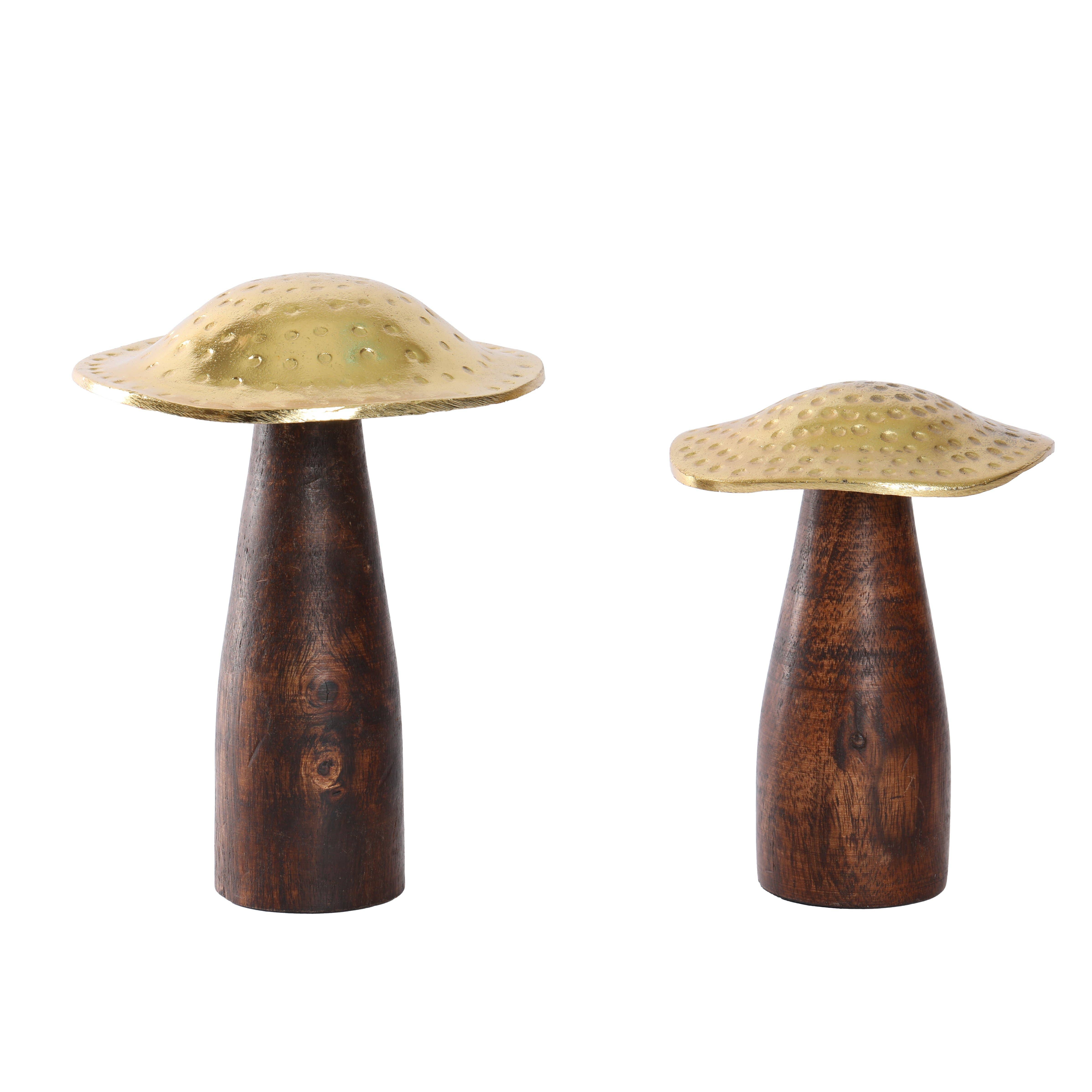 Vatican Homes - Wholesale Decorative Tabletop Object - Set of 2 Golden Metal and Wooden Mushroom0