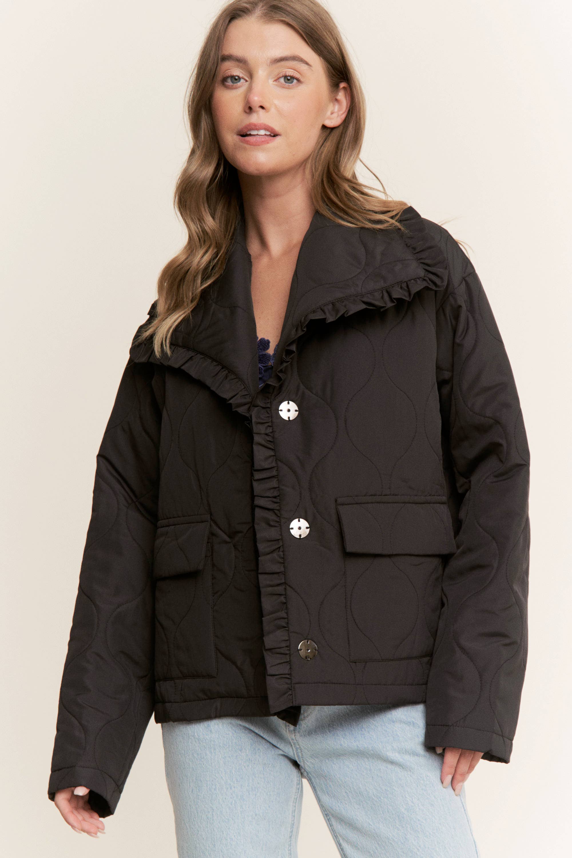 Sweet Generis - Wholesale Jacket - Women's - RUFFLE EDGE DETAIL QUILTED LOOSE FIT JACKET16