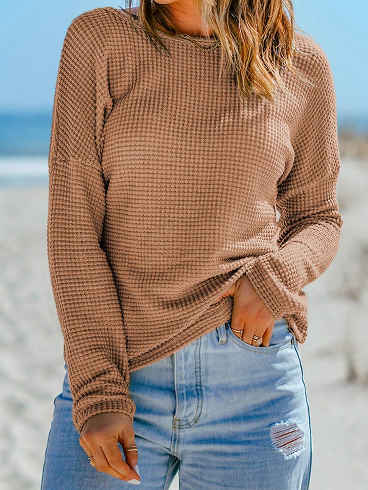 FULL TIME PURCHASE - Wholesale Knit Top - Women's - Waffle Knit Drop Shoulder Long Sleeve Top