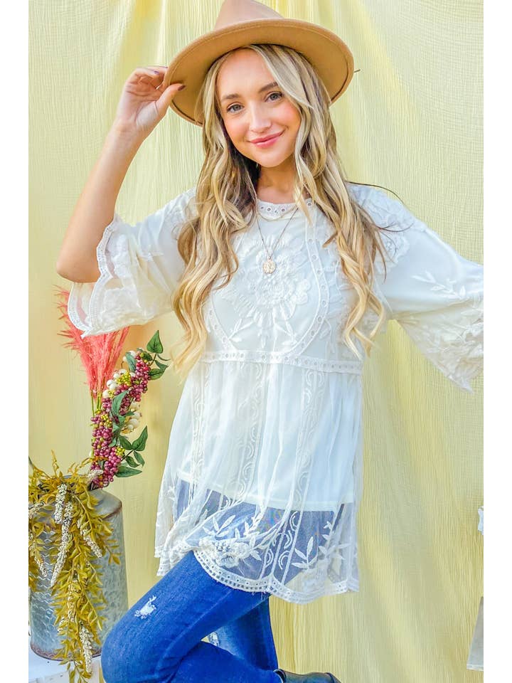 AND THE WHY - Wholesale Tunic - Women's - ATW10187 - Floral Embroidered Mesh Tunic Top With Lining