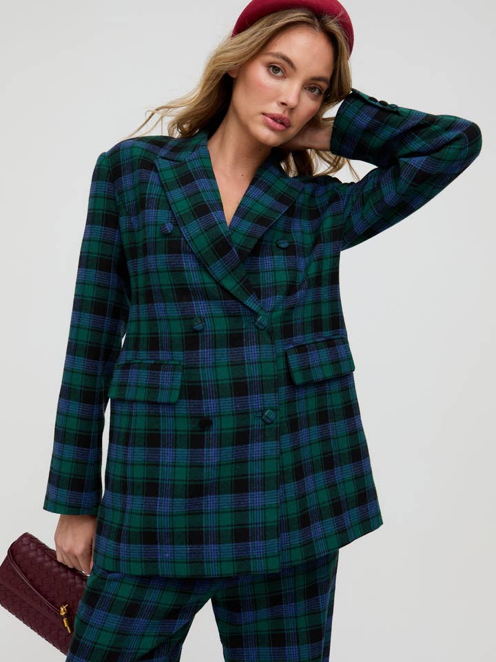 Zena Double Breasted Prince Of Wales Check Print Jacket In Blue for wholesale by Lily and Lionel