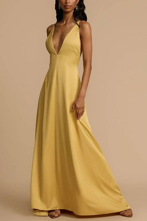 Gold 2025 NEW Summer Sexy Satin Backless VNeck Maxi Dress for wholesale on Faire3