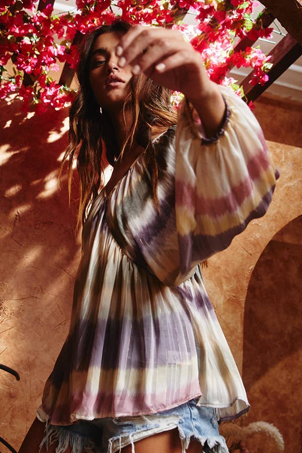 BLUSH CAMEL T1190-1C OUTLET SALE Ombre Lurex Chiffon Babydoll Blouse Top for wholesale on Faire6