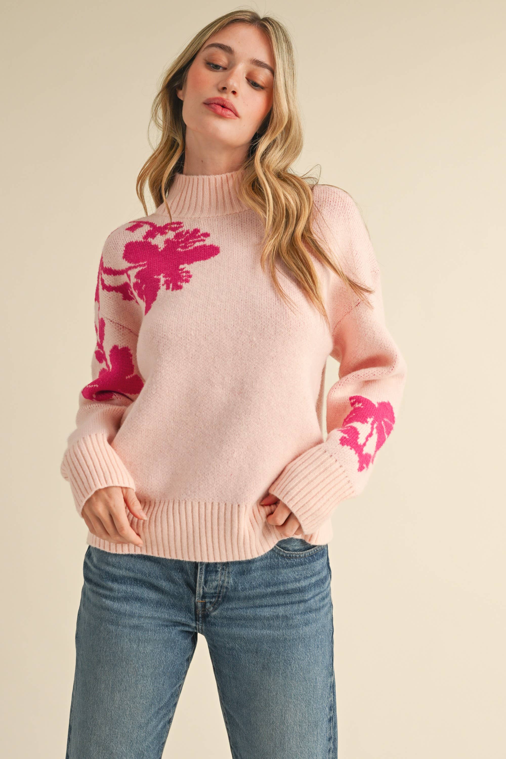 &MERCI - Wholesale Knit Sweater - Women's - MOCK NECK FLORAL SWEATER MSW107712