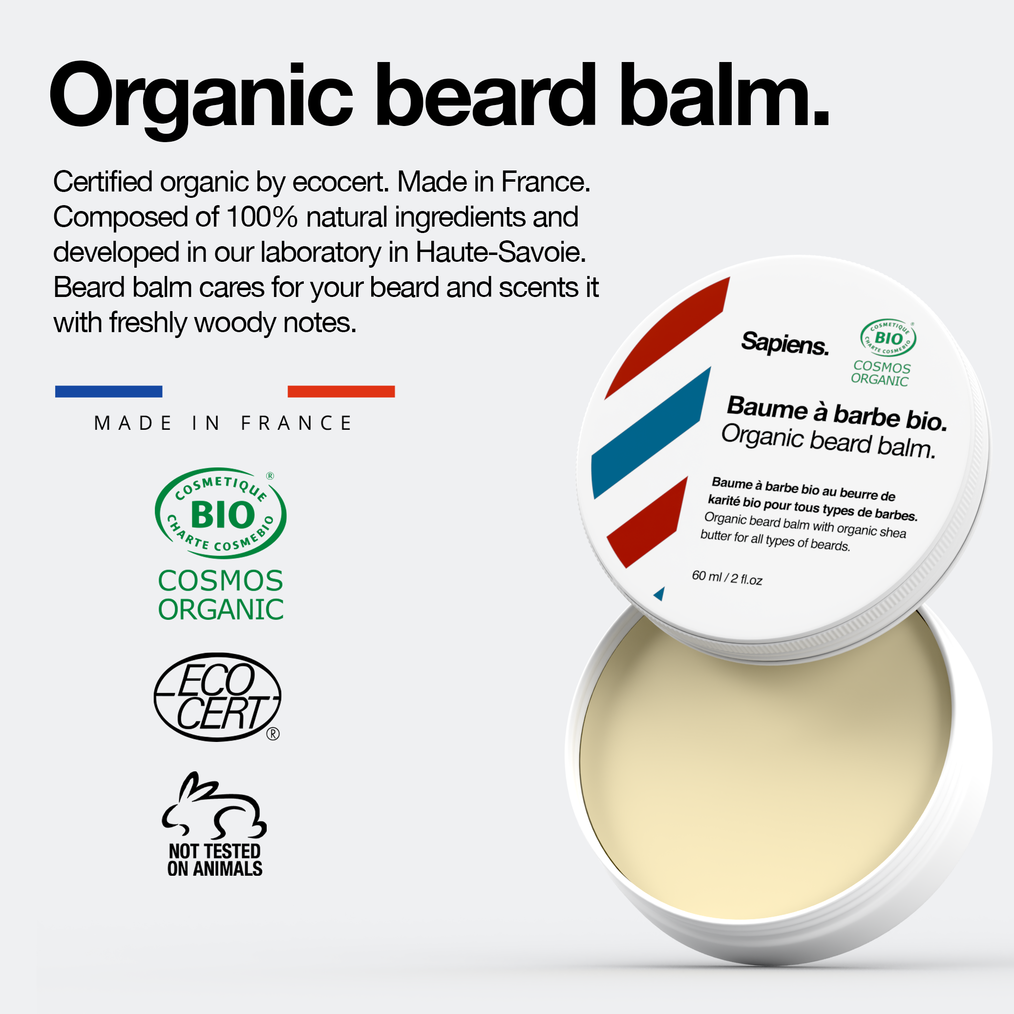 Sapiens. - Vente Produit structurant pour la barbe - Baume à barbe BIO 60ml - Frais X Boisé1