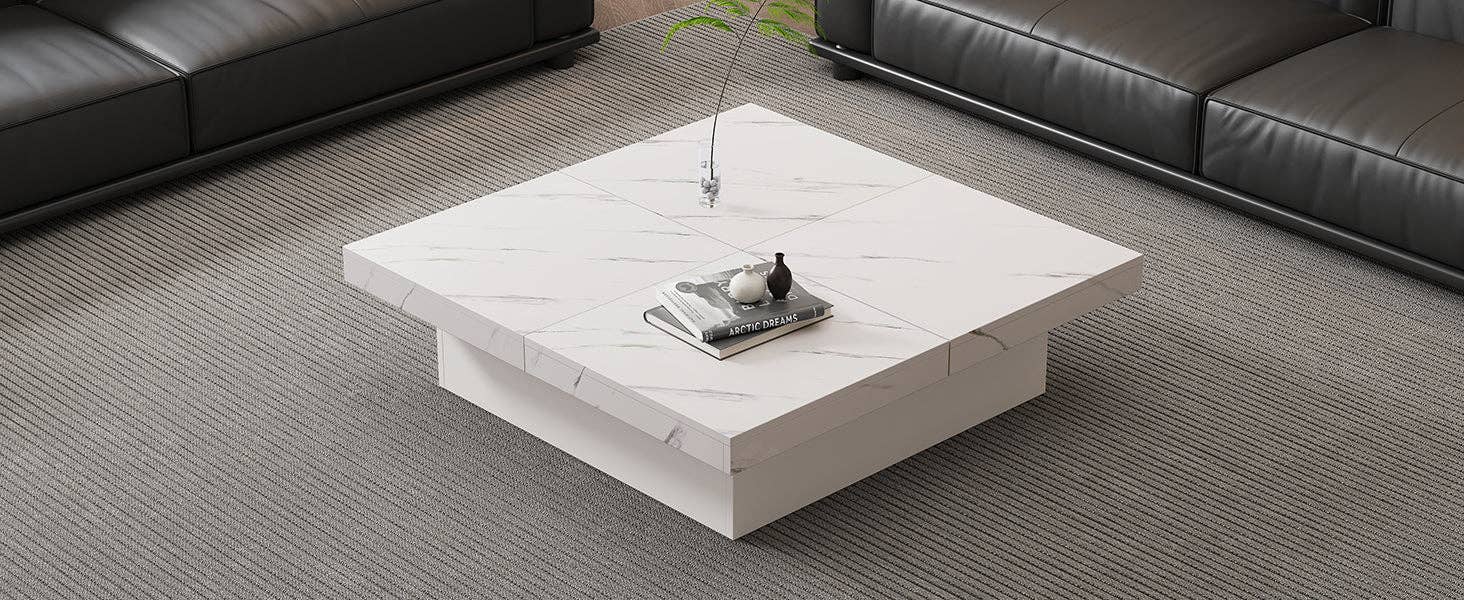 Urban Meuble - Wholesale Side Table - Modern white square coffee table with marble effect, 4 drawers, sliding top 90x90x25cm KHEKRIED27