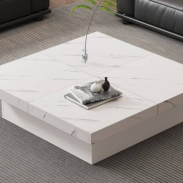 Urban Meuble - Wholesale Side Table - Modern white square coffee table with marble effect, 4 drawers, sliding top 90x90x25cm KHEKRIED27