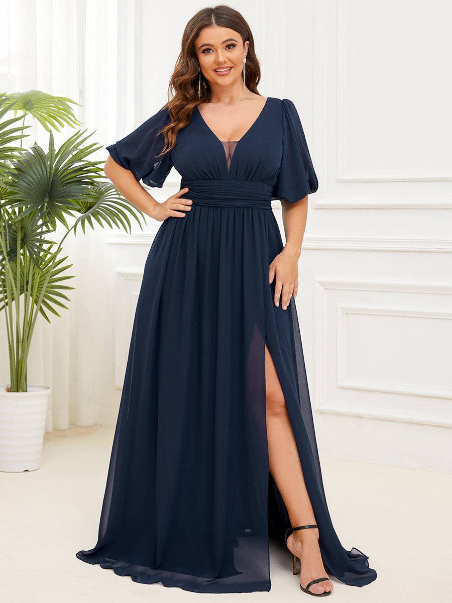 Ever-Pretty - Wholesale Gown - Women's - Plus Deep V Neck A Line Half Puff Sleeves Bridesmaid Dress1