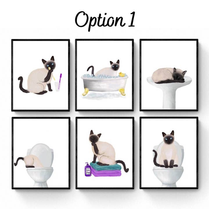 Ensemble d'art de salle de bain avec chat siamois, ensemble de décor mural de salle de bain, art mignon de chat noir dans le bain, impression de chat sur les toilettes, cadeau pour amoureux des chats, journée spa pour chat. pour la vente par MerikaArt