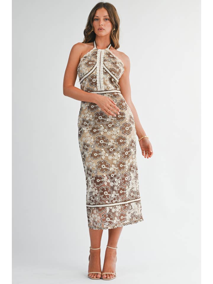 BRWON IVORY BD5081 Embroidered Halter Neck Midi Dress for wholesale on Faire5