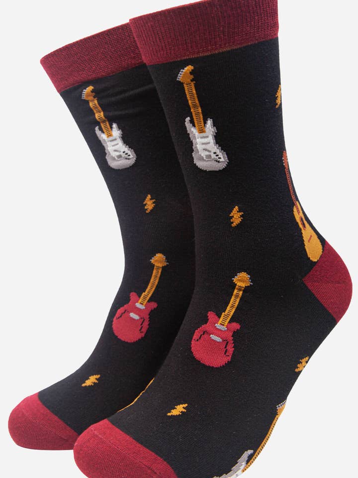 Sock Talk - Wholesale Socks - Men's - Black Men's Mixed Guitar Print Bamboo Socks0