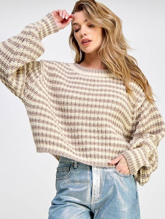 Miss Love - Wholesale Knit Sweater - Women's - STRIPED CROPPED KNIT SWEATER TOP