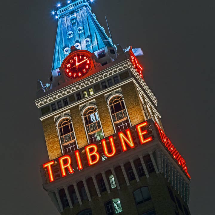 The Tribune Tower Sign Ceramic Coaster for wholesale by South Austin Gallery