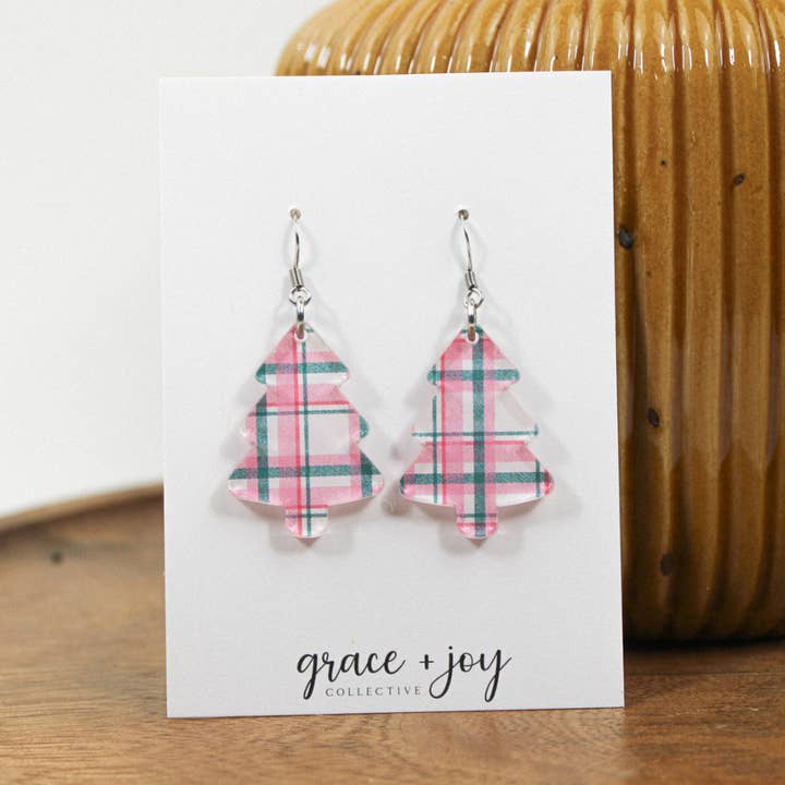 Pendientes colgantes de árbol de Navidad a cuadros rosa y gris para venta al por mayor de Grace + Joy Collective