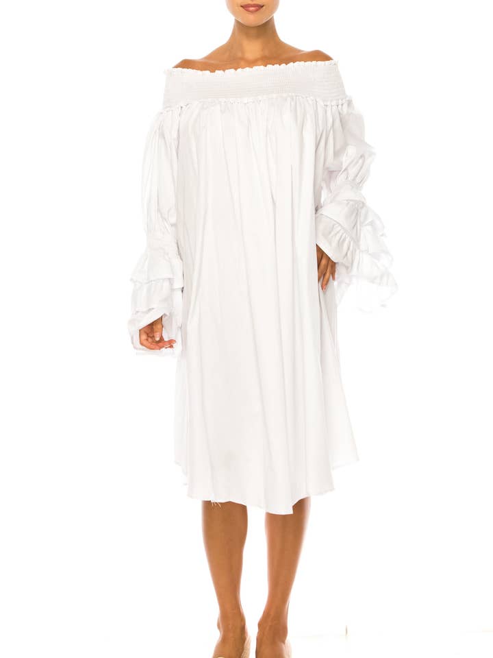 Vivid Tiered Sleeve Smocked Off the Shoulder Dress for wholesale by New Yorker's Apparel