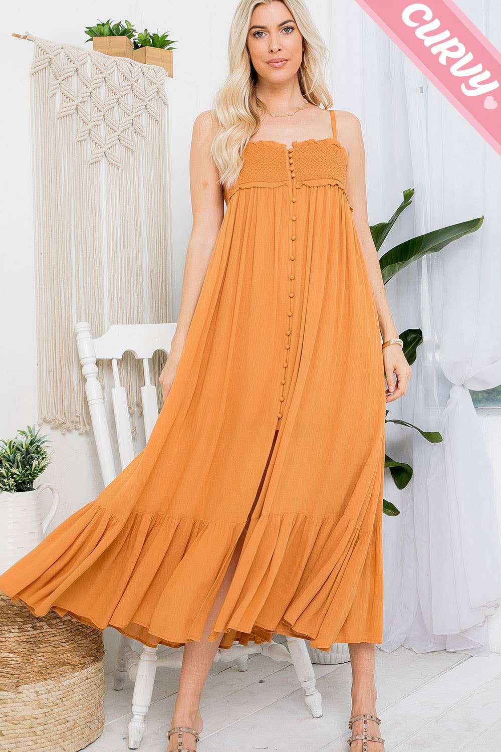 Sweet Lovely by Jen – Großhandel Kleid – Damen – MAXIKLEID AUS SEIDE MIT GESMOKTEM BUTTON-DOWN IN ÜBERGRÖSSE34